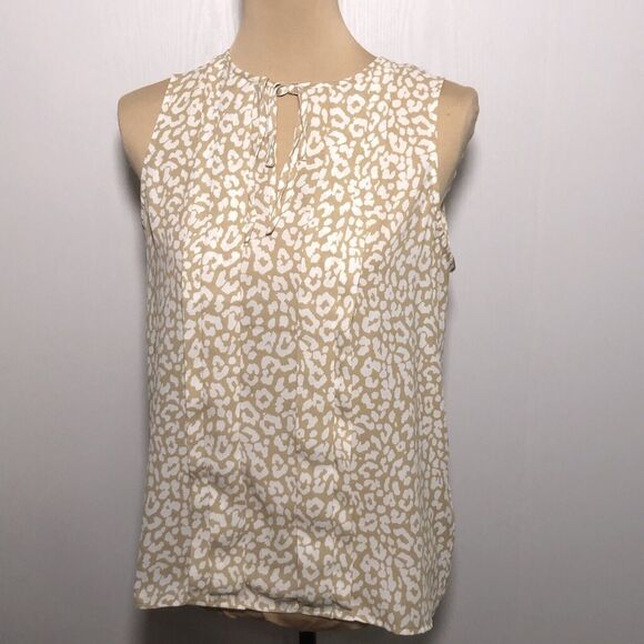 J. Crew Factory Blouse Women's Small Tan Animal Print Sleeveless Pintuck Keyhole - Picture 1 of 7